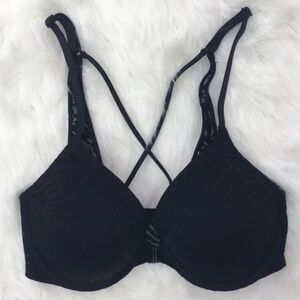 PINK Victoria’s Secret Black Lace Push-Up Front Closure Bra 32D NWOT